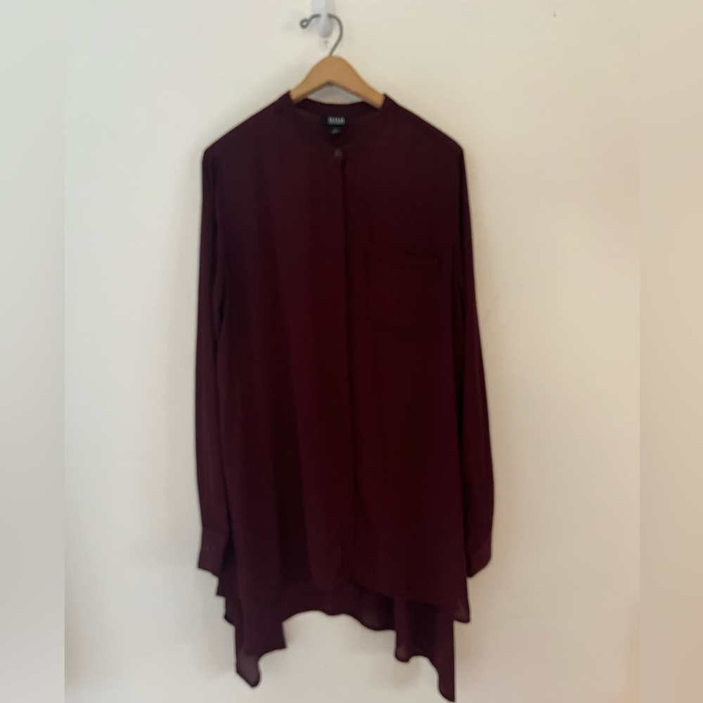 a.n.a. Button Down Tunic Blouse Top Banded Collar Long Sleeve Large Burgundy